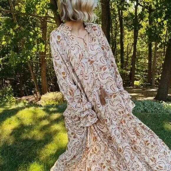 Aura Falling Foliage Brown Floral Paisley Long Sleeve Tiered Peasant Maxi Dress - Picture 3 of 12